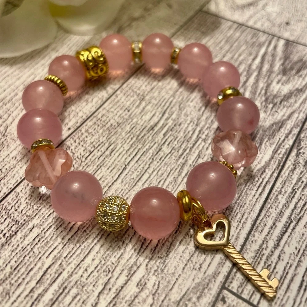 Creamy Pink 12mm Quartz Bracelet with Heart Key charm gold accents